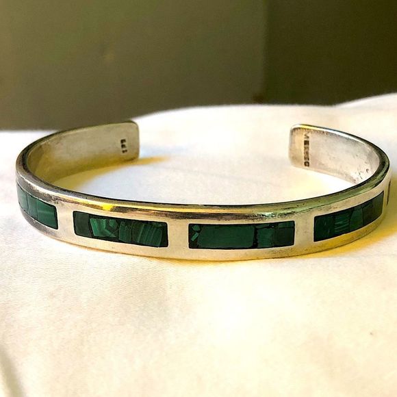 TAXCO Sterling Silver & Malachite Cuff Bangle Bracelet - Picture 2 of 10